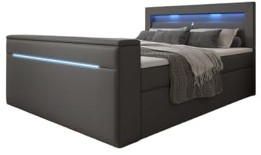 Boxspringbett Reposito 180x200 Doppelbett Polsterbett Bett mit TV Lift, USB, LED und Stauraum | Bezug: Kunstleder | Farbe: Grau | Härtegrad: H4 (100kg+)