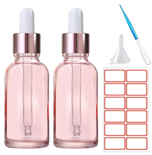 SuQurtom Pink Glass Dropper Bottles 30ml - 2pcs Leak-Proof Essential Oil Bottles with Pipette Travel-Sized Containers for Aromatherapy, Massage Oils, Perfumes, Labs & DIY Liquids