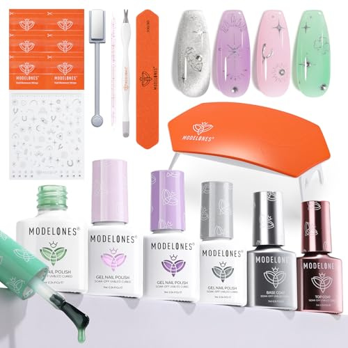 Modelones UV Nagellack Set,Starterset mit Lampe 4 Farben Gel Nagellack Set mit Base Coat und Top Coat Cat Eye Gel Rosa Gelnägel Starterset Maniküre Set Komplett