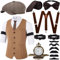JONRRYIN 20er Jahre Herren Accessoires, 1920er Mafia Kostüm Set, Zubehör Mit Westen & Verschiedenen Accessoires Für Halloween, Karneval (Braun, L)