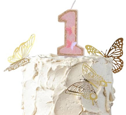 Bolosa Geburtstagskerzen Zahlen 1, Kerze 1. Geburtstag, Schmetterling Geburtstagskerzen, Geburtstagskerzen Kinder, Geburtstagskerzen fürTorte, Birthday Candles, mit Tortendeko, Gold und Rosa