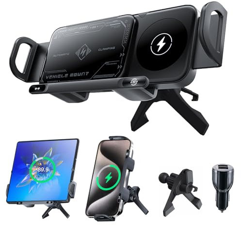 Olycism Soporte de teléfono móvil de coche para Galaxy Z Fold/Flip con función de carga 15 W Dual Coils QC 3.0 Fast Wireless Charger Auto para Z Fold/Flip 6 puede girar automáticamente, soporte coche