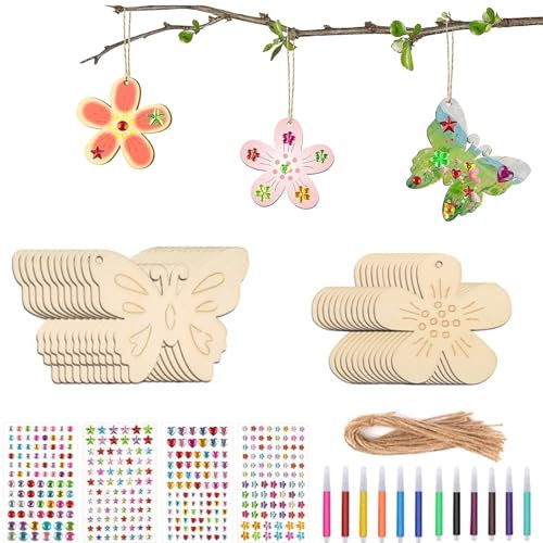 Lot de 40 Kits de Bricolage Pour Enfants - Papillon et Fleur - Avec Stylo Aquarelle - Papillon et Fleurs - En Bois - Avec Stylo Aquarelle et Autocollants en Pierres Précieuses - Kit de Bricolage