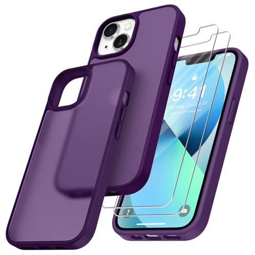 Niphabe Custodia opaca compatibile con iPhone 13 con 2 pellicole protettive in vetro temperato, mai ingiallimento Hard PC opaco, cover posteriore resistente ai graffi, antiurto, viola scuro