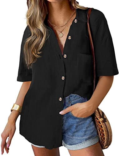 HOTOUCH Womens Blouse Cotton Shirts Casual V Neck Button Down Blouses Loose Short Sleeve Solid Color Business Shirt Office Work Tops Black M