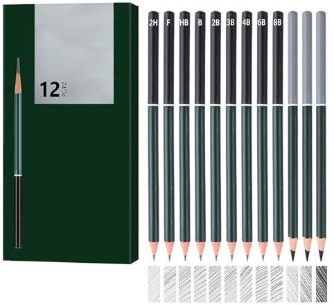 Kzouenzu Bleistift Set[12 Stück], 2H F HB B 2B 3B 4B 6B 8B und 3 Zeichenkohlestifte, Hard Charcoal, Medium Charcoal, Professionell Bleistift Set zum Zeichnen, für Zeichnungen