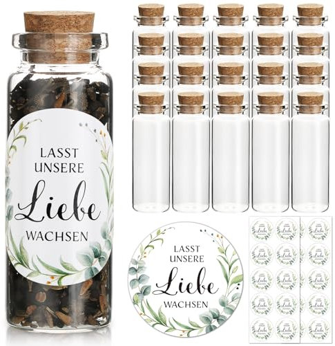 BOFUNX 20pcs Gastgeschenke Hochzeit - Lasst unsere Liebe wachsen Glasflaschen für Blumensamen zur Hochzeitsgeschenk Gastgeschenk für Hochzeit Taufe Kommunion Konfirmation Geburtstag Jugendweihe