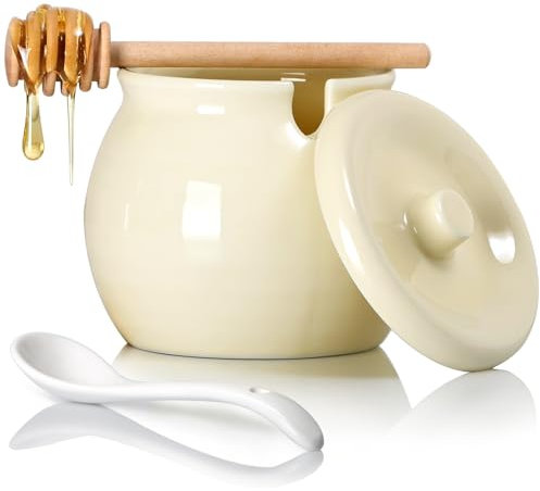 NUTRIUPS 8OZ Ceramic Honey Jar, Creamy-Yellow Ceramic Honey Pot with Dipper & Scoop, Bee-Themed Storage Pot with Round Handle, Pantry & Kitchen Decor(Elegant White)