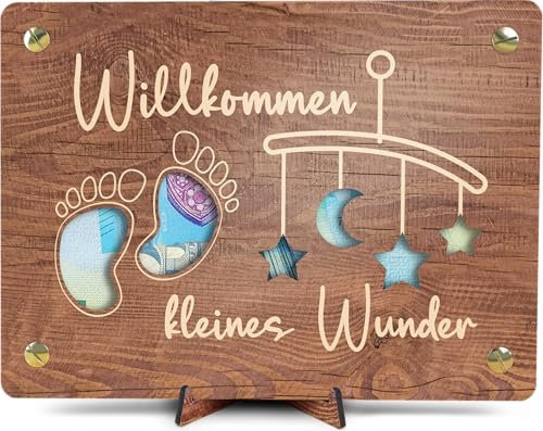 Willkommen kleines Wunder Geldkarte - XL Geldgeschenk aus Holz inkl. Ständer | Willkommen kleines Wunder - Glückwunschkarte zur Geburt Baby, Geschenk Junge Mädchen, Karte zur Geburt Junge Mädchen