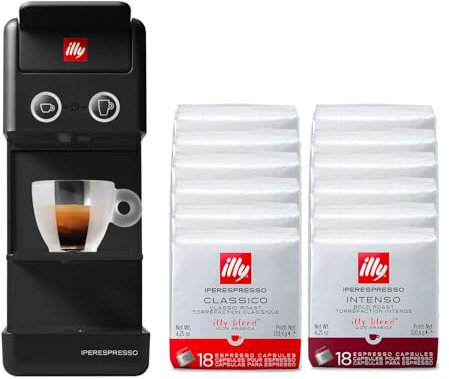 illy Cafetera para Café Iperespresso Y3.3 Negra con 216 Cápsulas Iperespresso (108 Cápsulas Iperespesso CLASSICO y 108 Cápsulas Iperespesso INTENSO)