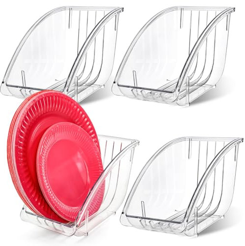 Pumtus 4 Pack 10 Inch Paper Plate Holder, Plastic Plates Dispenser Organizer, Under Cabinet Vertical Dinner Dish Drainer, Reusable Plate Drying Rack, Salad Dessert Dish Cradle for Kitchen Countertop