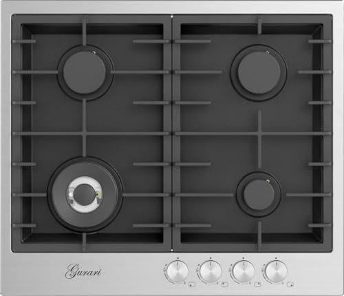 Gurari TX604VTGL Gaskochfeld 60 cm, Edelstahl - Schwarz 4,0 KW WOK, 4 Gasbrenner, Autark