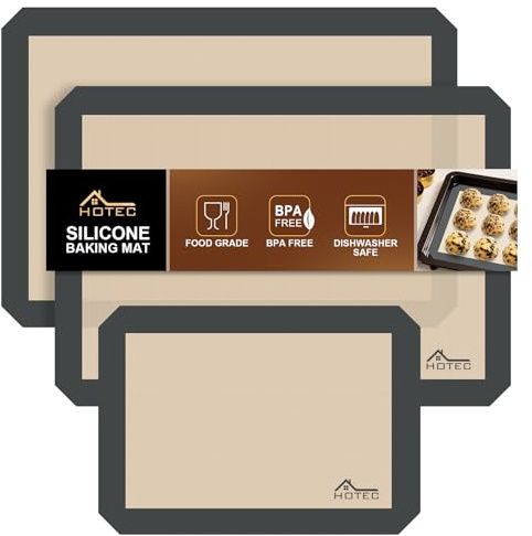 HOTEC Silikon-Backmatten 3er-Pack – Wiederverwendbare antihaftbeschichtete Silikon-Backbleche für den Ofen – Keks- & Macaron-Matten – 2 halbe Blätter + 1 Viertelblatt – BPA-frei, spülmaschinenfest