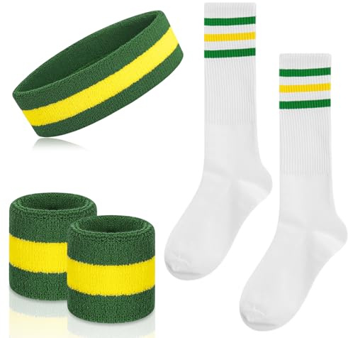 Flintronic 5 Pcs Sweatbands and Socks Set, Striped Sports Sweatbands Socks Men Women, Striped High Sock
