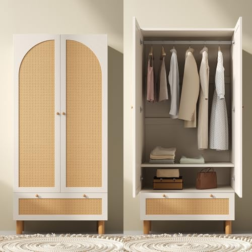 Gelukueub Kleiderschrank Garderobenschrank mit 2 Türen & Rattan, Landhausstil Weiß mit großer Schublade, höhenverstellbaren Regalen & Kleiderstange, Inkl. Kippsicherung, 180x85x52 cm (H/B/T)