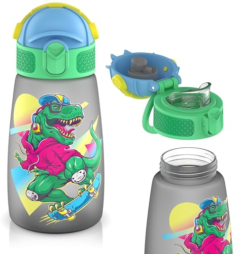 Arendo - Trinkflasche Kinder mit Strohhalm mit Dino Aufdruck – 350 ml Füllmenge – auslaufsicher – Spülmaschinengeeignet bis 50 Grad