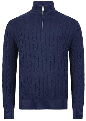 SPIRIT OF ESSEX Mens Quarter Zip Cotton Jumper – Soft Cable Knitted Pullover Sweater, Classic Casual Knitwear for Autumn & Winter (UK, Alpha, L, Regular, Regular, Navy)