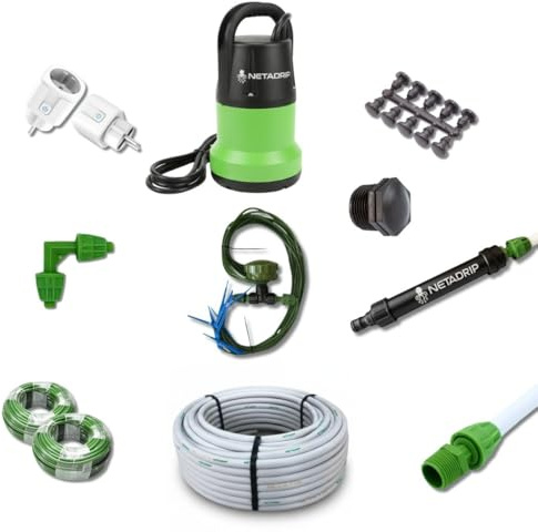 Netadrip Pulpo Kit de Riego por Goteo Automático, Sistema de Microirrigación, Bomba Sumergible 6500 l/h, 12 Plantas.