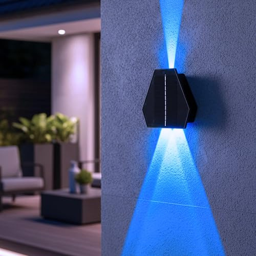 Arnusa Solar LED Wandleuchte Außen Solarleuchte Blau Außenwandlampe kabellos Solarpanel, 1200mAh Akku, moderne Wandlampe wetterfest UP DOWN
