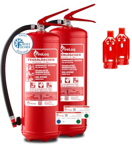 FireLoq 6kg Pulver Feuerlöscher für Brandklasse ABC mit 9 LE Dauerdruck inkl. Prüfnachweis,Wandhalter und Manometer