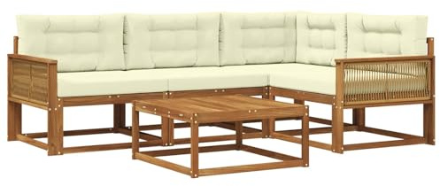 vidaXL Outdoor-Sofagarnitur mit Kissen 5 pcs Natur und Creme, Akazienholz Sofa, modernes Outdoor-Möbel, stylische Sectional-Garnitur, wetterfeste Terrasse, Garten Sitzgruppe