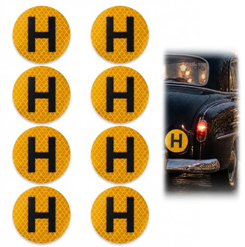 Pegatinas Vehículo Histórico Homologadas 60mm, 8 Piezas | Exterior, Distintivo Reflectante Alta Visibilidad Nocturna, Vinilo Adhesivo Resistente al Agua y Lluvia, Señal H Coche y Moto