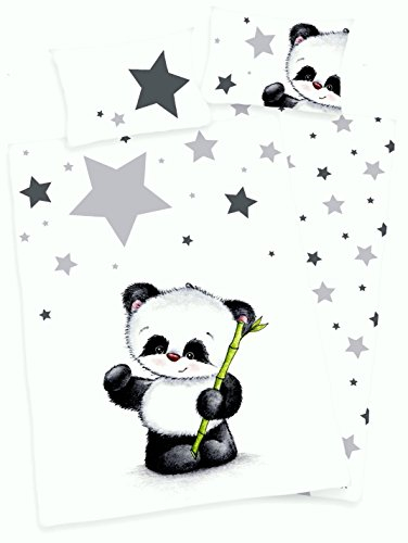 Arle-Living 3 TLG. Baby Bettwäsche Wende Motiv Panda renforcé 100x135 cm + 40x60 cm + 1 Spannbettlaken 70x140 cm (mit Laken: grau)