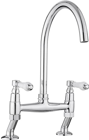 JASSFERRY Robinet mitigeur traditionnel en céramique blanche avec poignées à levier montées sur le plateau monobloc classique 2 trous pour évier de cuisine chromé avec bec pivotant
