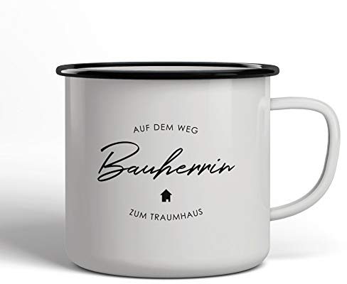 Robuste Emaille-Tasse Bauherrin für die Baustelle beim Hausbau, Kaffeebecher 300 ml als Geschenk zum Richtfest