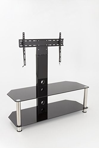 MAHARA Glass Corner TV Stand - with Column - Black & Silver Floor stand with built-in Mount for up to 65 Inch TV - Universal VESA Mount included