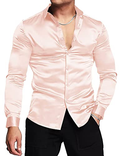 URRU Camicia da uomo di lusso in seta lucida come raso, a maniche lunghe, casual, slim fit, con bottoni, arancione chiaro, L, Arancione chiaro., L