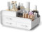 Makeup Organiser Cosmetic Storage Box, Make up Organizer Dressing Table Plastic Cosmetics Holder with Drawer - Large Countertop Vanity Cosmetic Stand Containers for Beauty Skincare Jewellery, White