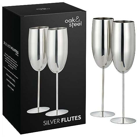 Oak & Steel - 2 Silver Champagne Flutes, 280ml - Stainless Steel Silver Prosecco Glasses with Gift Box