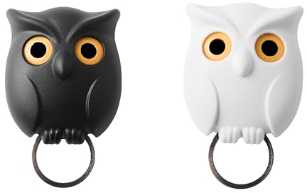 Finyoffiy 2 Stück Zwinkernder Eulenhaken Kreativer süßer Wink Hooks Wanddekorationen stanzfreie Wandhaken für Zum Aufhängen von Handtüchern, Hüten, Mänteln, Taschen, Gürteln (Weiß + Schwarz)