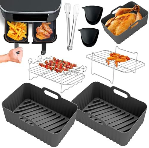 Anttyscar 7 Packungen Fritteusen-Zubehör für Ninja Foodi AF400EU AF300EU, Wiederverwendbare Silikon Luftfritiereinsätze Edelstahl-Luftfritier-Zubehör für Heißluftfritteuse mit