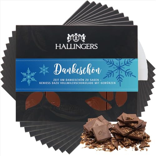 Hallingers Genuss Manufaktur Schokolade Weihnachts-Geschenk - Tafel Edelkakao handgeschöpft ohne Alkohol edler Karton 10x Dankeschön Xmas-Gewürze, Weihnachten für Frauen Männer