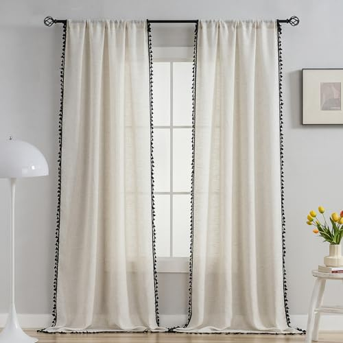 VOILYBIRD 2 Stück Natürliches Leinen Mischgewebe Bauernhaus Landhausstil Vorhänge für Schlafzimmer Wohnzimmer (H245 x B140 cm, Schwarze Quasten)