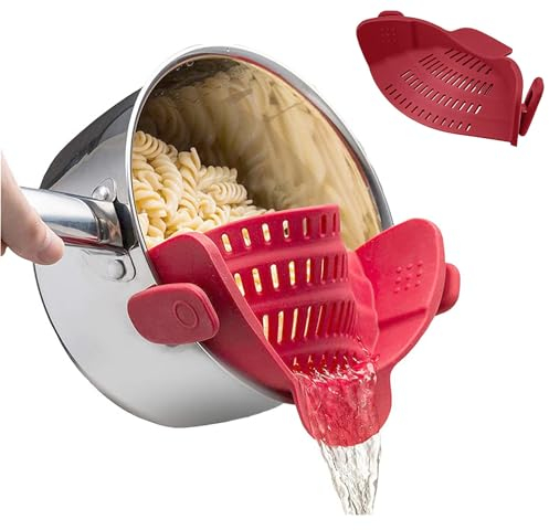 katmerio Passoire à clipser en silicone résistant à la chaleur pour riz, pâtes, spaghetti, bœuf moulu, ajustement universel pour toutes les casseroles et bols (rouge)