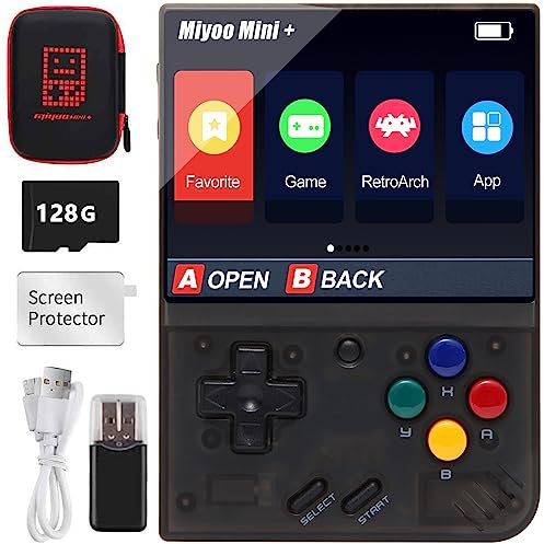 Miyo Mini Plus, console di gioco portatile retrò, scheda TF da 128 G integrata, oltre 15000 giochi classici, schermo IPS da 3,5 pollici, supporta Wi-Fi, con custodia (nero, 128 G)