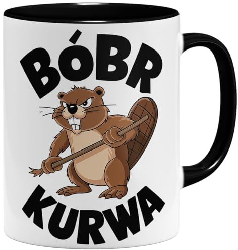 OM3® witzige Kaffee-Tasse mit Spruch - Bobr Kurwa - viral Meme - Beaver - Biber - Bober - Keramik Becher - 325ml - Beidseitig Bedruckt - Schwarz