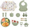 Bizcasa Vajilla Bebe Silicona, 14 Piezas Vajilla de Silicona para Bebés Antideslizante,Vajilla de aprendizaje para comer destete con Plato Cuenco Babero Taza Mordedor Fruta Bebe, Sin BPA (Verde)