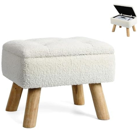 LIANTRAL Kleiner Fußhocker Ottomane mit Stauraum, Fußhocker aus Kunstteddyfell mit Holzbeinen, rechteckiger Ottoman mit gepolstertem Sitz für Wohnzimmer,Schlafzimmer,Eingangsbereich,Büro - Cremefarben