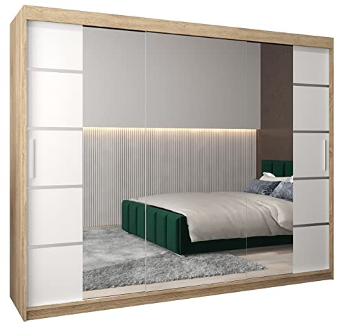 MEBLE KRYSPOL Verona 4 250 Schlafzimmerschrank Schiebetüren Schrank mit Spiegel Kleiderschrank mit Spiegel Schiebetürenschrank Kleiderschrank Schiebetüren – 250x200x62cm - Sonoma + Mattweiß