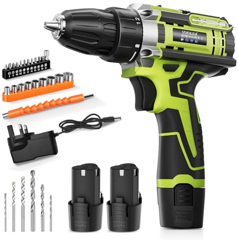 VOERJIA 12V Cordless Drills, Electric Drill with 2 * 2000mAh Batteries, 35N.m Max, 18+1 Torque Battery Drill, 3/8 Chuck & 2 Speed LED Drill Set, 32Pc DIY Power Drills Cordless for Home