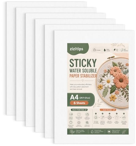 6 Stück A4 Stickvlies wasserlöslich selbstklebend bedruckbar Stickfolie zum Sticken Stickstabilisator wasserlöslich Stickpapier für Hand- & Maschinenstickerei Punch Needle Kreuzstich A4 29,7x21cm
