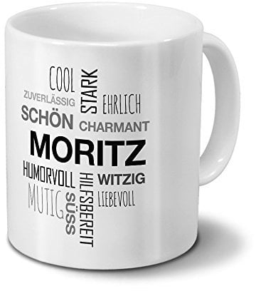 printplanet Tasse mit Namen Moritz Positive Eigenschaften Tagcloud - Schwarz - Namenstasse, Kaffeebecher, Mug, Becher, Kaffeetasse