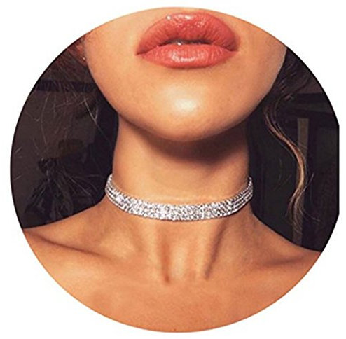 HOMEYU® 3-reihig verstellbare weiße Strass Choker Halskette Party Hochzeit für Frauen Silber