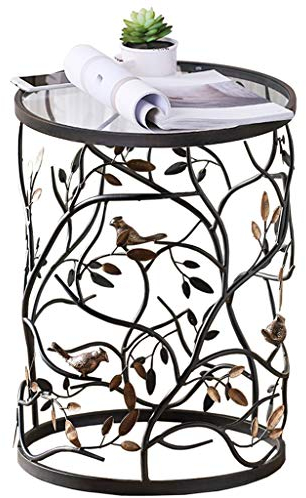 Fer forgé Vintage Side Table/Ronde Table Basse, Vieux Artisanat, Verre Trempé Tabletop, utilisé pour Accueil Salon Décoration, Noir, (Taille: 42 × 42 × 56cm)