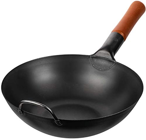 YOSUKATA Karbonstahl Woks & Wokpfannen - 30 cm Voreingebrannter Wok Pfanne Karbonstahl Flacher Boden- Traditionell Wok für induktionsherd - Kompatibel mit Gas- Elektroherden Grill Induktion Feuer