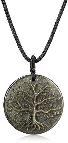 COAI Collier Ajustable Pendentif Rond Arbre de Vie Obsidienne Dorée Homme Femme